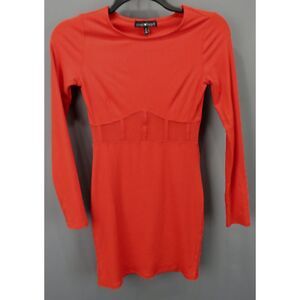 DEREK HEART Womens Body Con Short Dress Red Long Sleeve Mesh Paneled Juniors L